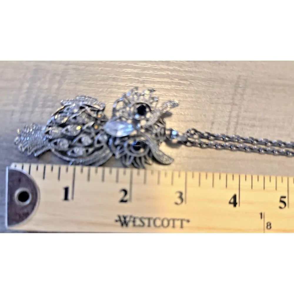 Vtg Owl Necklace Articulated Gun Metal Tone Rhinestone Eyes and Body 34